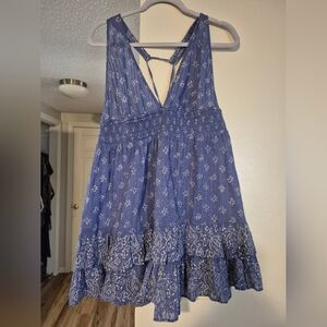 Indigo Blue Dress / top with Smocked Design Block Print Hippie Apron Top XL